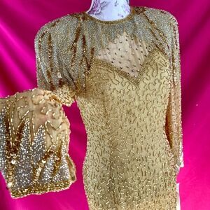 NWT Beaded Sequin Rhinestone Silk Gold Party Midi Dress Oleg Cassini Size 6 Glam